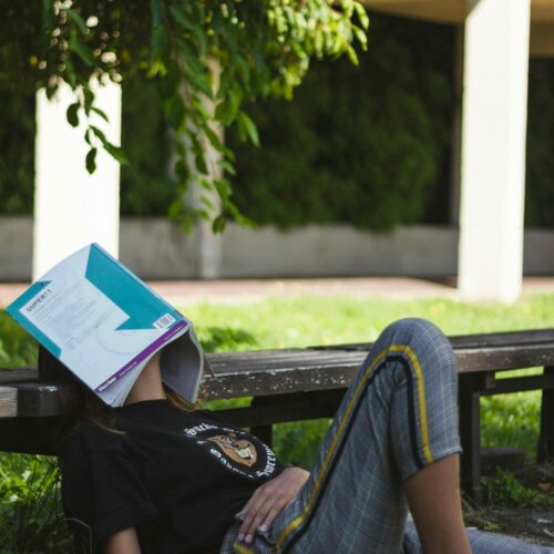 personne allongée sur l'herbe avec la tête qui repose sur un banc et un livre par dessus le visage